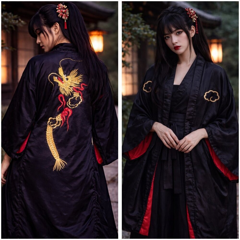 Vintage Japanese Dragon Robe Black Red Embroidered Kimono Jacket Unisex 70s -80s
